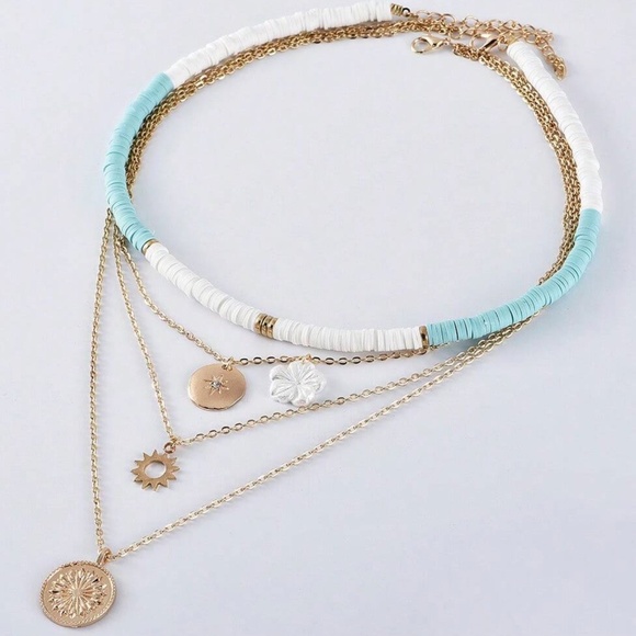 Boho Gold Tone Seashell Flower Sun Multilayer Necklace - Picture 3 of 3